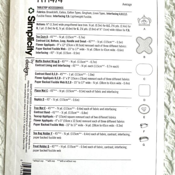 Sewing Patterns Simplicity R11474 Tabletop Accessories Napkin Placemate Tray Mat - Picture 6 of 7